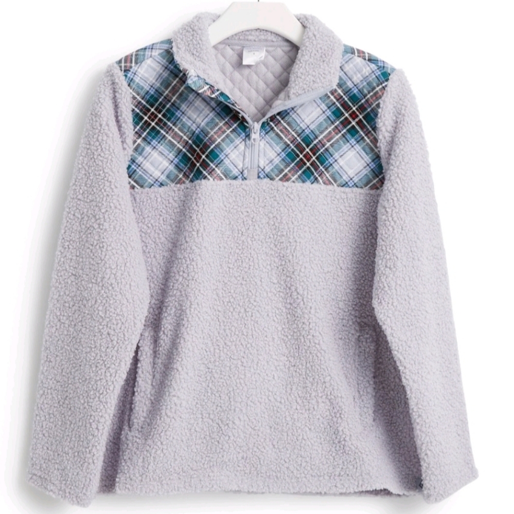 Vera Bradley Gray and Blue Plaid Cowl Sweater